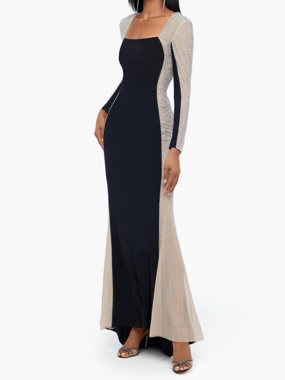 XSCAPE Crystal Contrast Long Sleeve Dress Black Nude Silver Beaded Gown Size 6